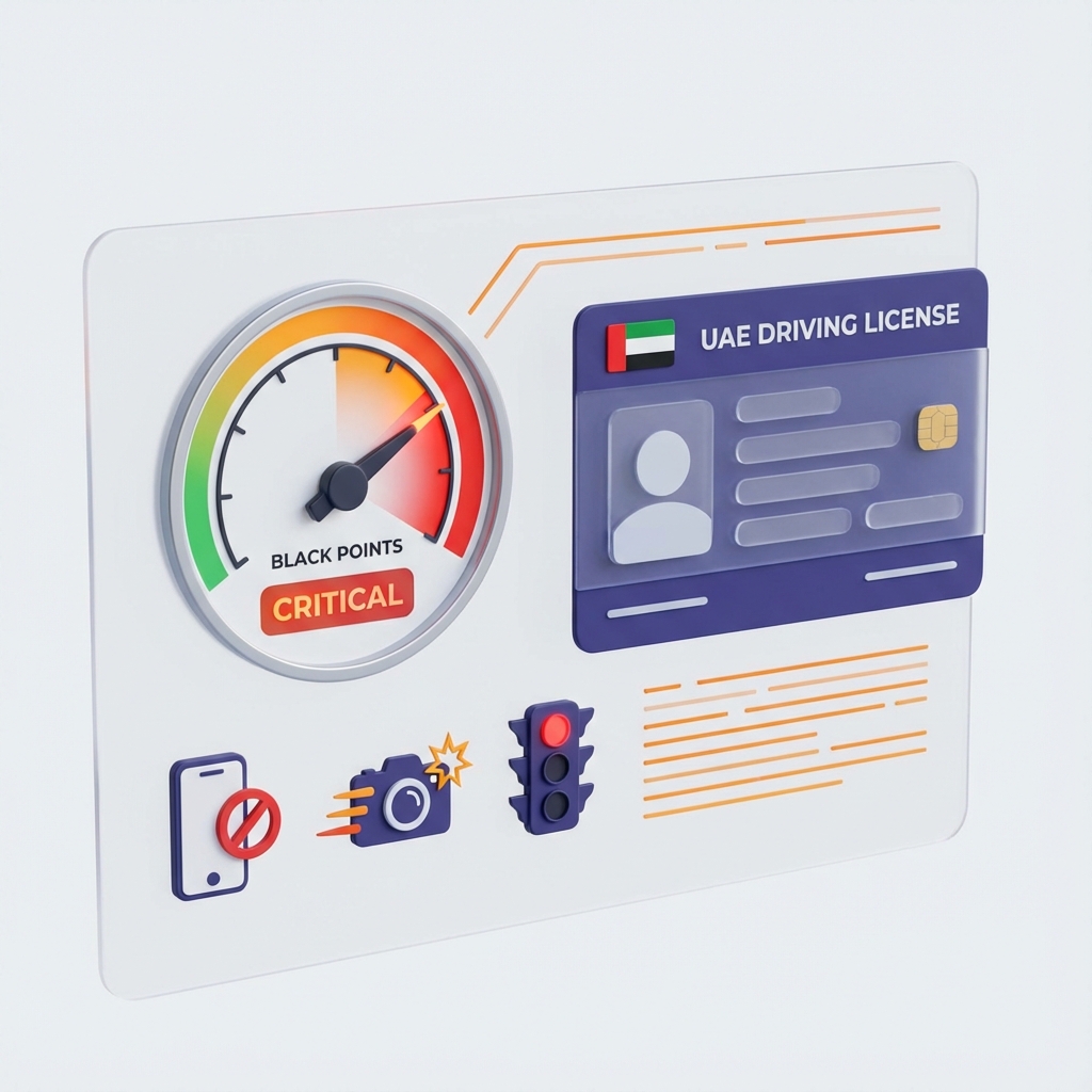 3D illustration of a driver's license with warning points and automotive safety icons