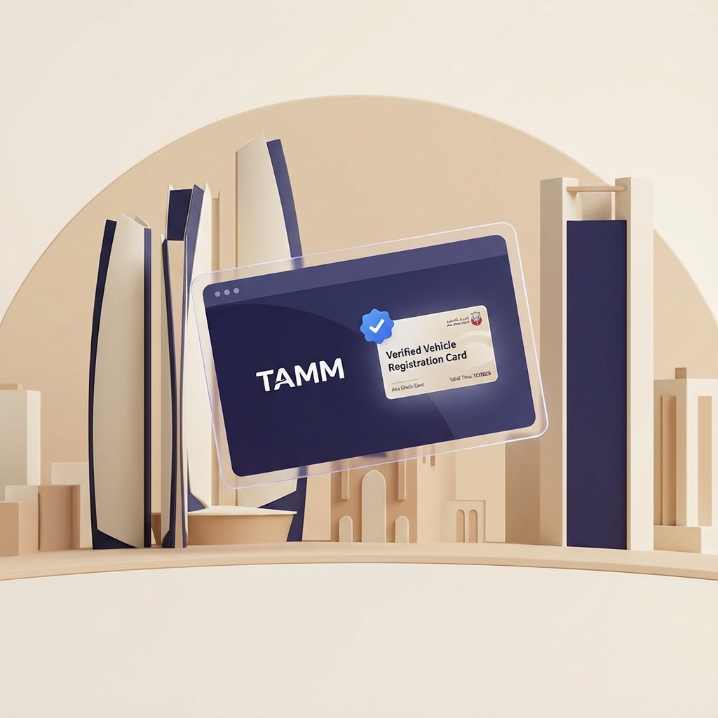 Clean 3D illustration showing Abu Dhabi vehicle renewal process via TAMM and ADNOC