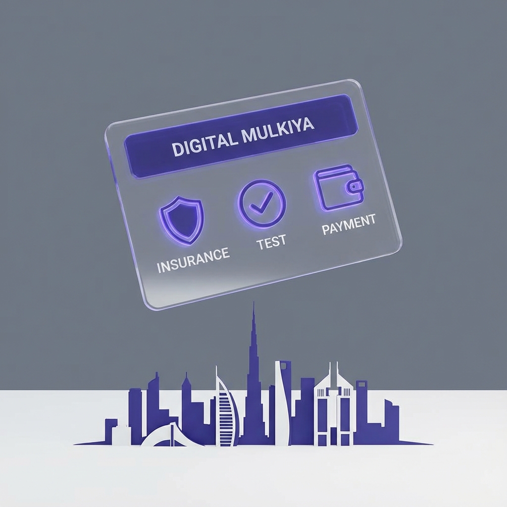 Step-by-step 3D illustration of RTA vehicle registration renewal in Dubai